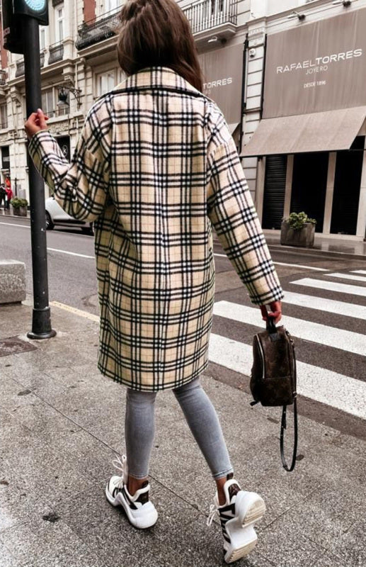 Women’s Long Length Plaid Print Coat With Collared Neckline And Button Front