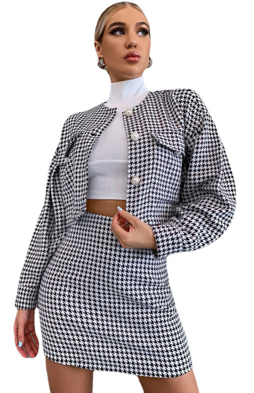 Women's Dogtooth Print Mini Skirt And Short Blazer Matching Set