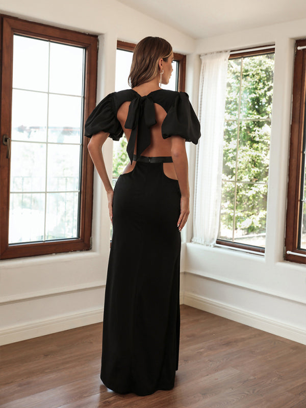 Womans Hip Long Backless Dress With Puff Sleeves
