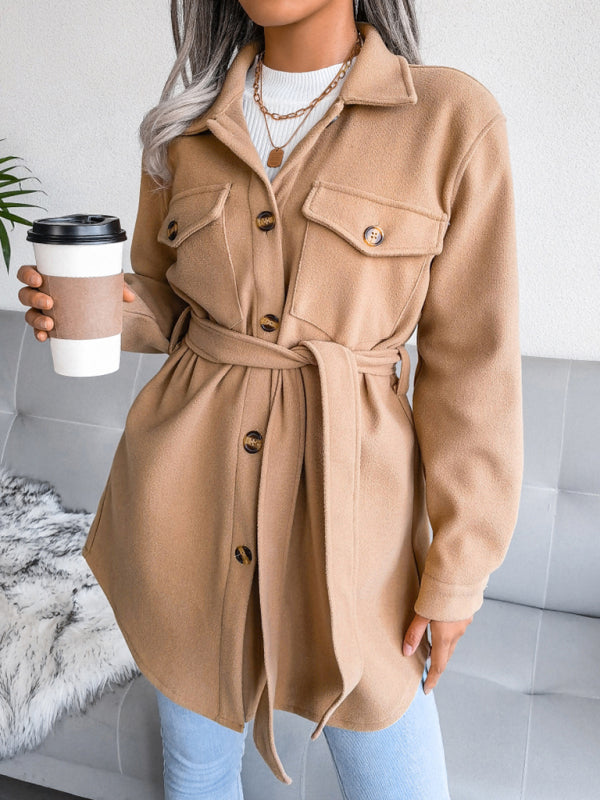 Women's Single Breasted Woolen Button Up Coat With Belt
