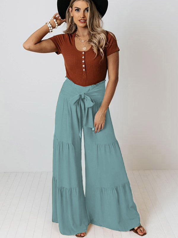 Women's Wide Flare Leg Elasticated Waist Trousers With Pleated Detailing