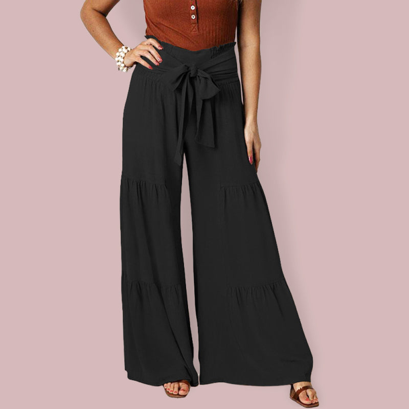 Women's Wide Flare Leg Elasticated Waist Trousers With Pleated Detailing