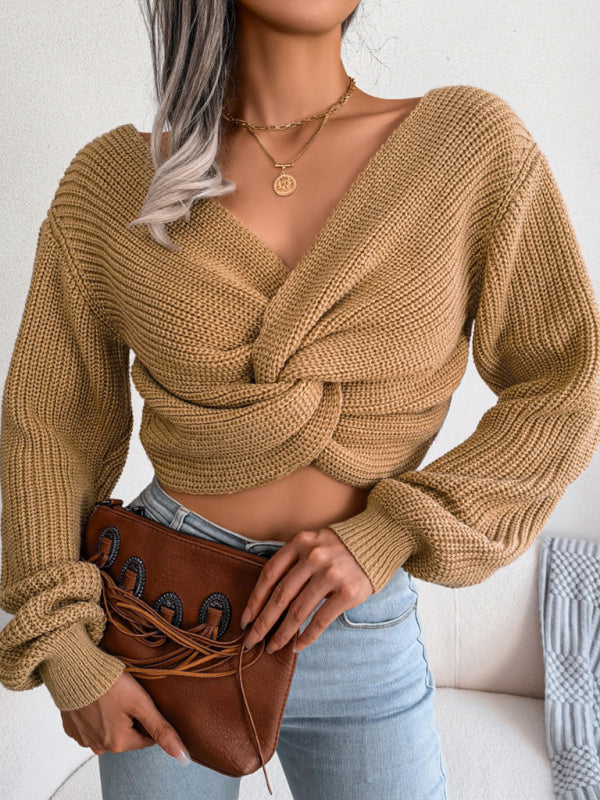 Women's Front Knot Crop Knitted Jumper
