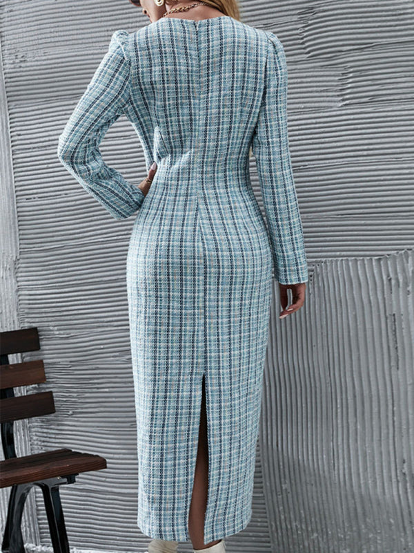 Women's Checkered Print Long Length Fitted Dress