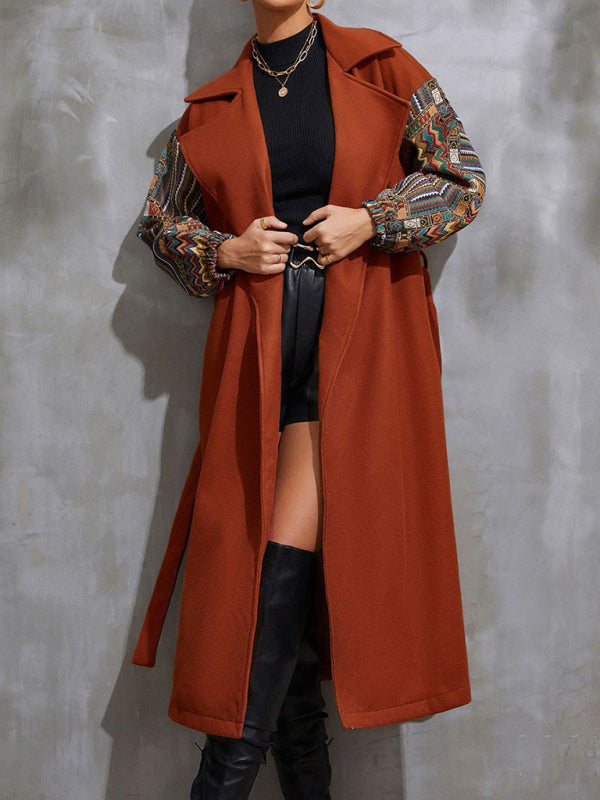 Women’s Long Length Collared Overcoat With Patchwork Sleeves And Front Waist Tie Belt