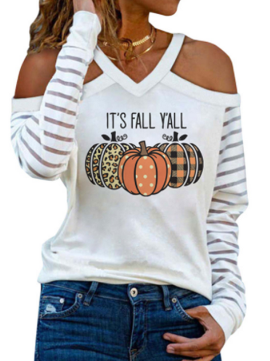 Women's Cold Shoulder Halloween Pumpkin Print V-Neck Top