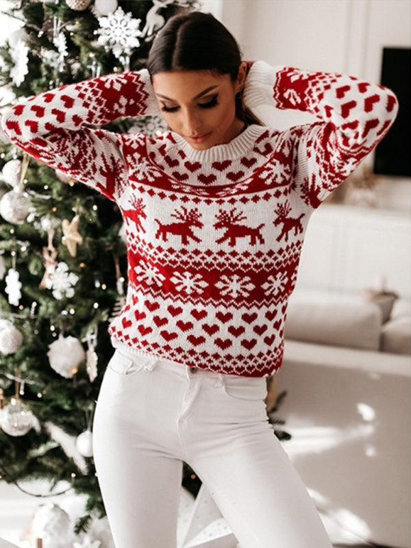 Women's Red And White Christmas Print Crew Neck Jumper