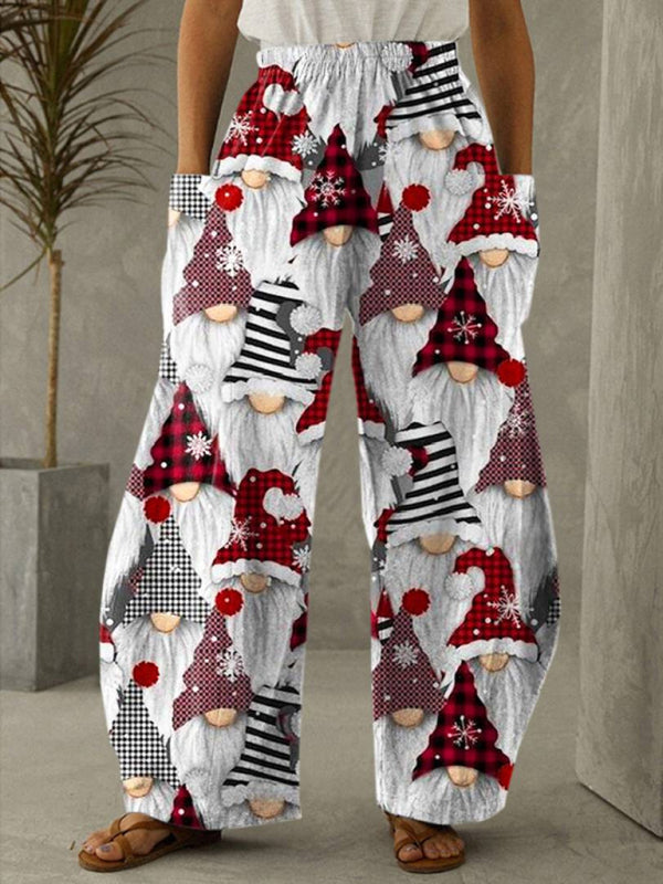 Women's Christmas Print Wide Leg Elasticated Waist Trousers