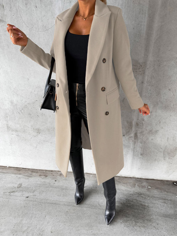 Women's Double Breasted Mid Length Button Closure Coat With Pockets