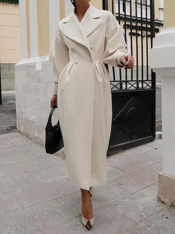 Women’s Long Statement Coat With Pleated Waist And Lantern Sleeves