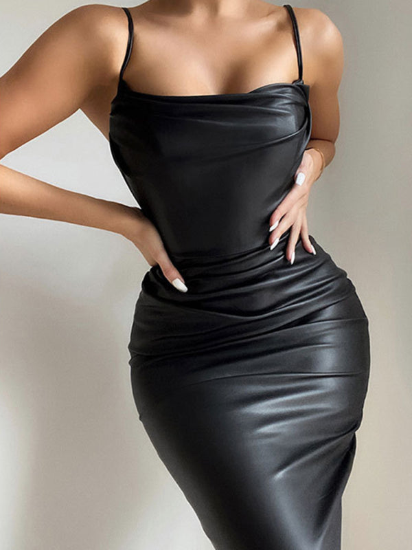 Women’s Faux Leather Bodycon Dress Straight Pleated Neckline With Straps