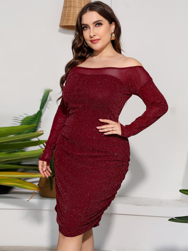 Women’s Plus Size Shimmering Off The Shoulder Lace Long Sleeve Ruched Midi Dress
