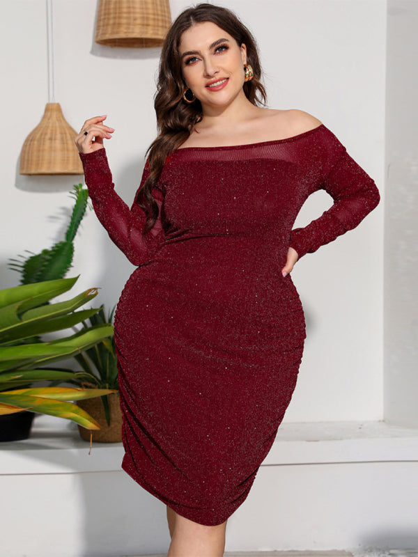 Women’s Plus Size Shimmering Off The Shoulder Lace Long Sleeve Ruched Midi Dress