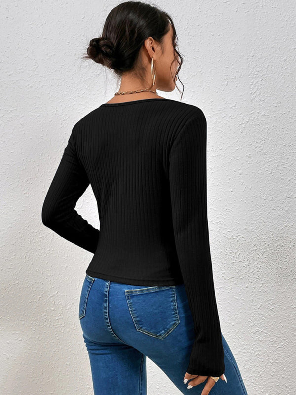Women's Black Ribbed Long Sleeve Top With Front Crisscross Design