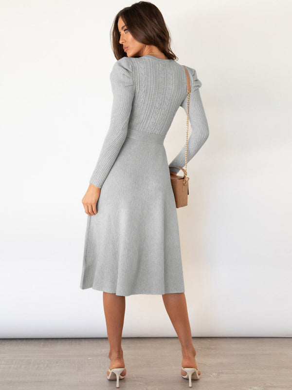 Women's Cable Knit A-Line Dress With Ruffle Sleeve Detail And Belt
