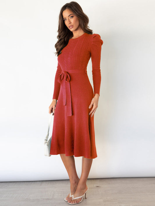 Women's Cable Knit A-Line Dress With Ruffle Sleeve Detail And Belt