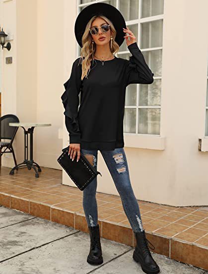 Women's Casual Round Neck Jumper With Pleated Long Sleeves