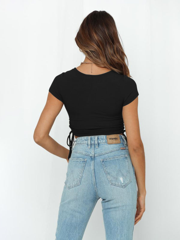 Women's Fashion Crop Top With Short Sleeve And Side Drawstring Feature