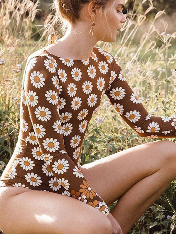 Women's Backless Daisy Print Long Sleeve Swimsuit