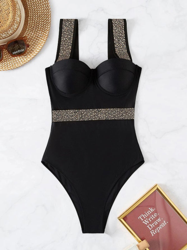 Women's Black Push Up Swimsuit With Decorative Jewel Waistband And Shoulder Straps