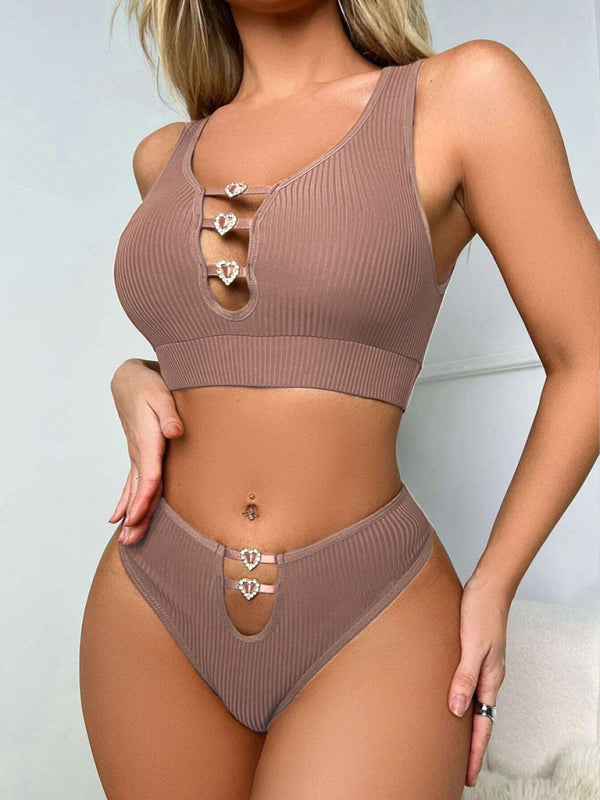 Women's Brown Ribbed Lingerie Set With Heart Jewel Detailing