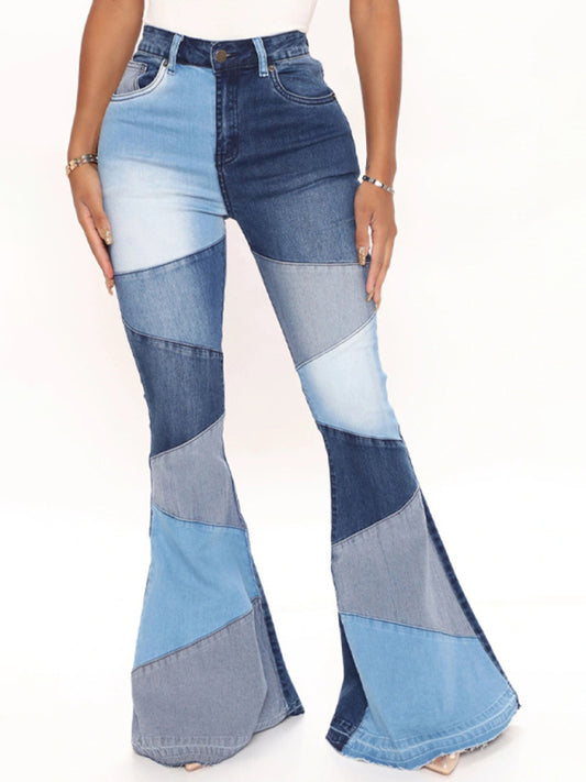 Women's Colour Block Patch High Waist Flared Jeans