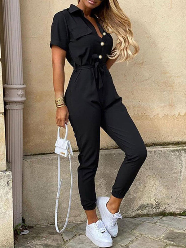 Women's Casual Lapel Cargo Jumpsuit With Button Fastening and Belt