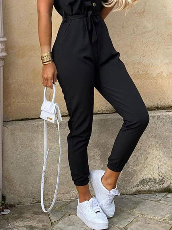 Women's Casual Lapel Cargo Jumpsuit With Button Fastening and Belt