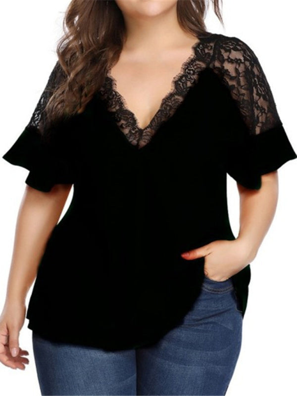 Women's Plus Size V-Neck Short Sleeved Top With Lace Detail