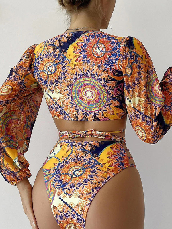 Women's Ethnic Print Long Sleeve Swimsuit With Front And Back Cut Out Design
