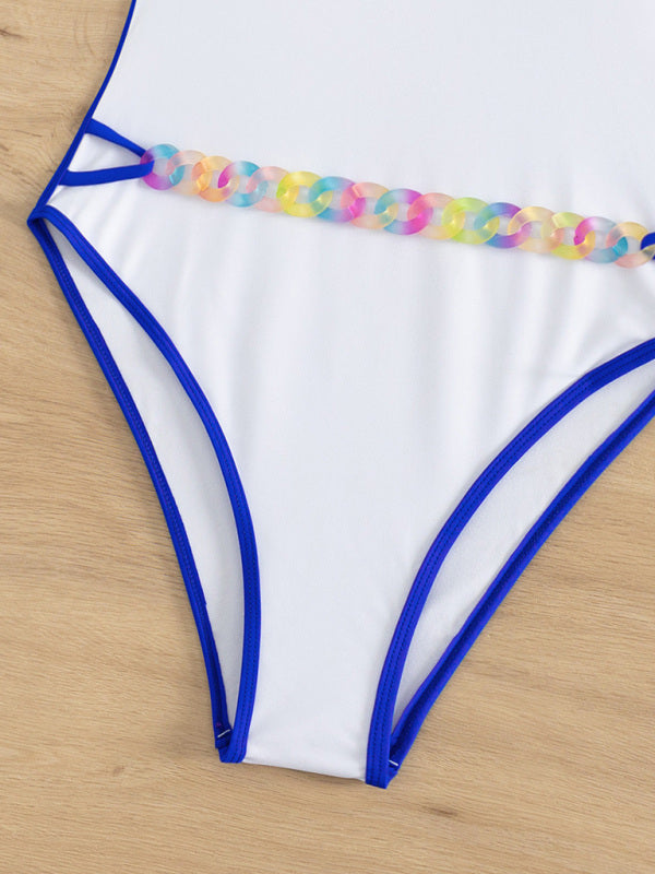 Women's White Swimsuit With Colourful Attached Belt