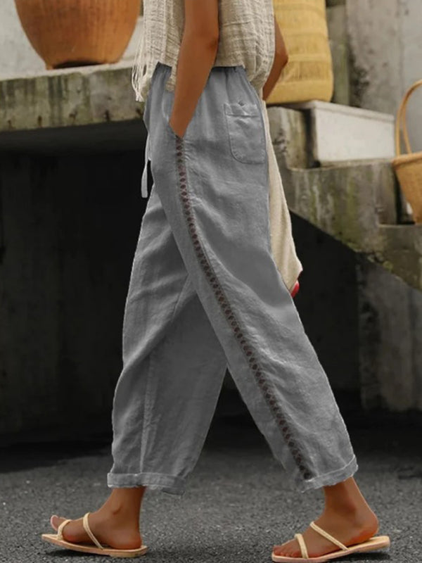 Women's Cropped Casual Linen Trousers With Stitching Detail