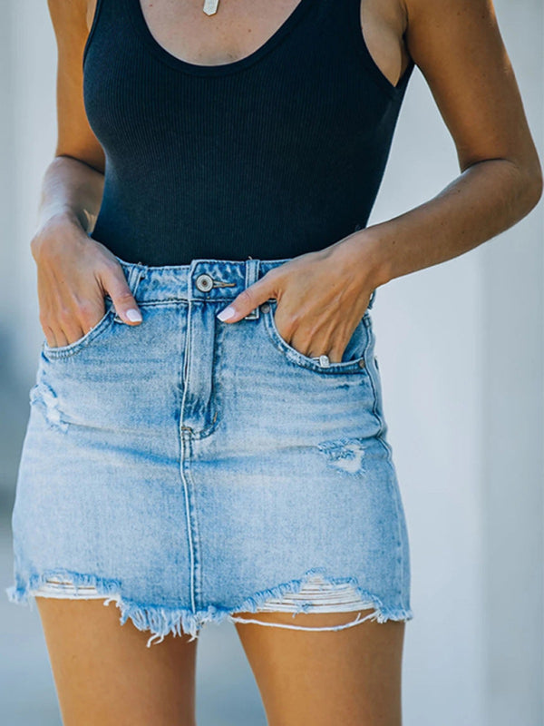 Women's Casual Frayed Short Denim Skirt