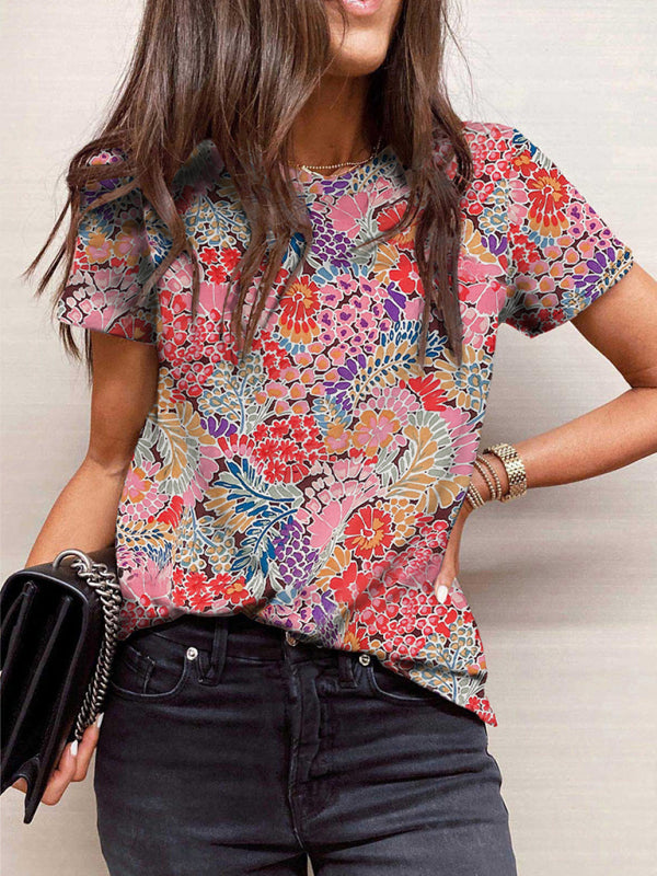 Women's Short Sleeve Floral Print Round Neck T-shirt