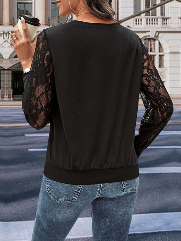 Women's Black Round Neck Top With Long Lace Sleeves