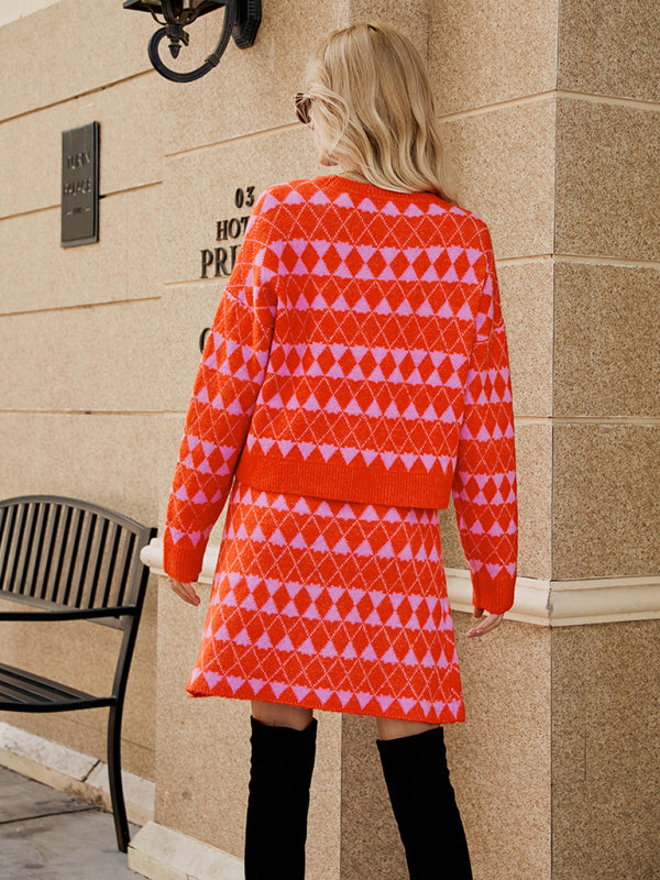 Women's Two Piece Diamond Print Knitted Cardigan and Matching A-line Skirt