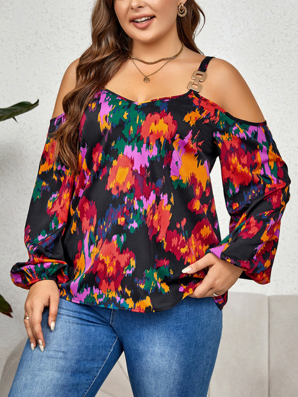 Women's Plus Size Patterned Cold Shoulder Top With Buckle Detail