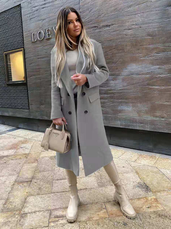 Women's Double Breasted Long Length Woolen Coat With Black Buttons