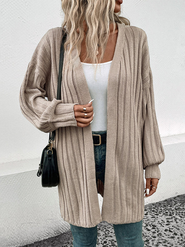 Women's Wide Ribbed Open Front Mid Length Cardigan With Cuffed Sleeves