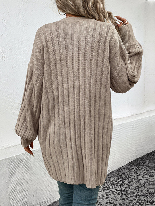 Women's Wide Ribbed Open Front Mid Length Cardigan With Cuffed Sleeves