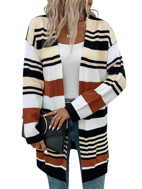 Women's Stripe Colour Block Open Front Mid Length Cardigan