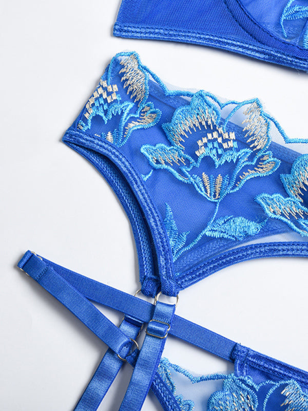 Women's Sexy See Through Blue Floral Lace Lingerie Set Including Garter Belt