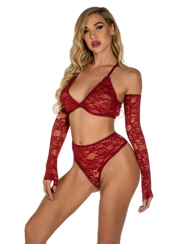 Women's Sexy Lace Bra And Pants Lingerie Set With Matching Full Length Gloves