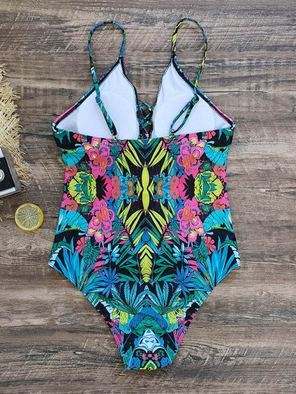 Women's Tropical Print Swimsuit With Front Tassels