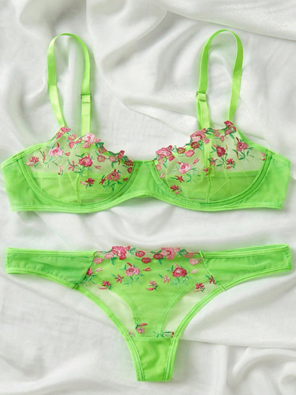 Women's Sexy See Through Floral Bra And Thong Lingerie Set