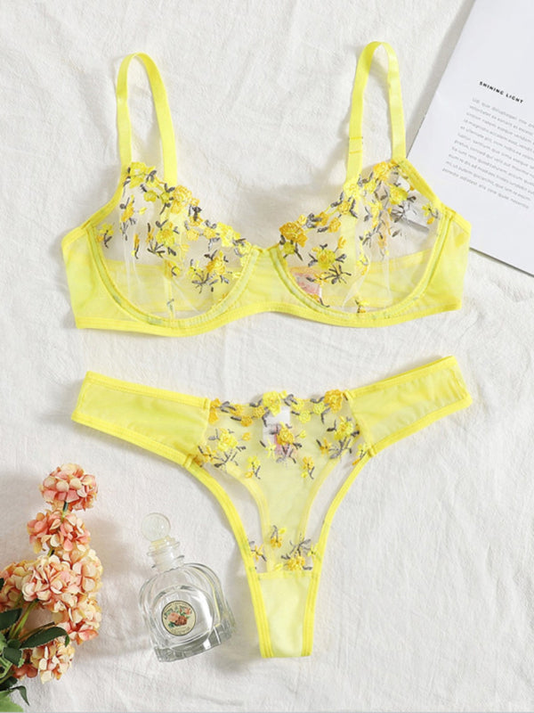 Women's Sexy See Through Floral Bra And Thong Lingerie Set