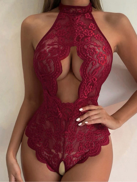 Women's Sexy Lace Embroidered Lingerie Halter Neck Bodysuit With Front Cut Out Design