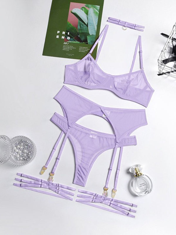Women's Sheer Lace Four Piece Lingerie Set Including Bra Thong Garter Belt And Neck Choker