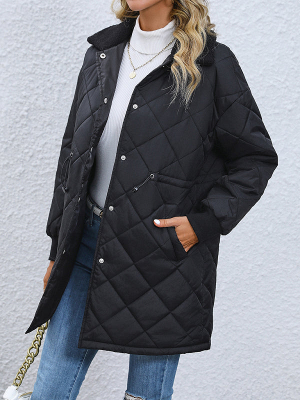 Women's Black Button Up Fur Collar Quilted Mid Length Coat