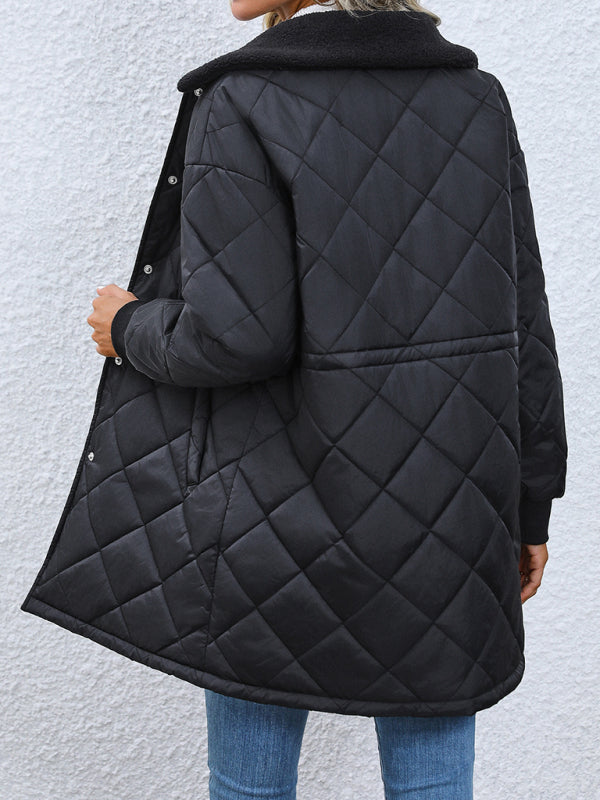 Women's Black Button Up Fur Collar Quilted Mid Length Coat